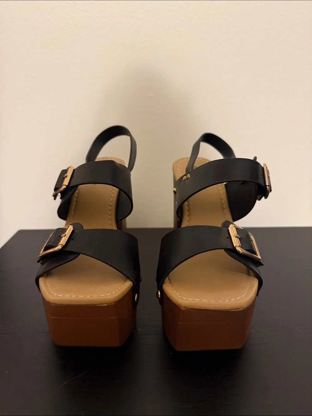 Qupid Black & Tan Platform Slingback Heels with Gold Buckles